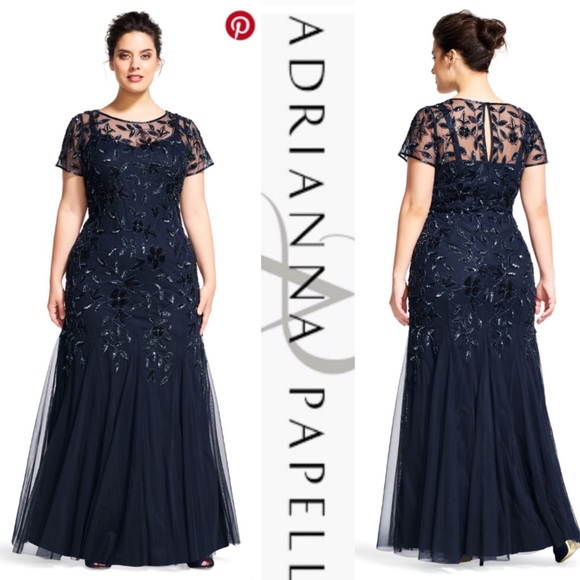 Adrianna papell PLUS SIZyshort sleeves Floral Beaded Godet long Gown - Picture 4 of 16